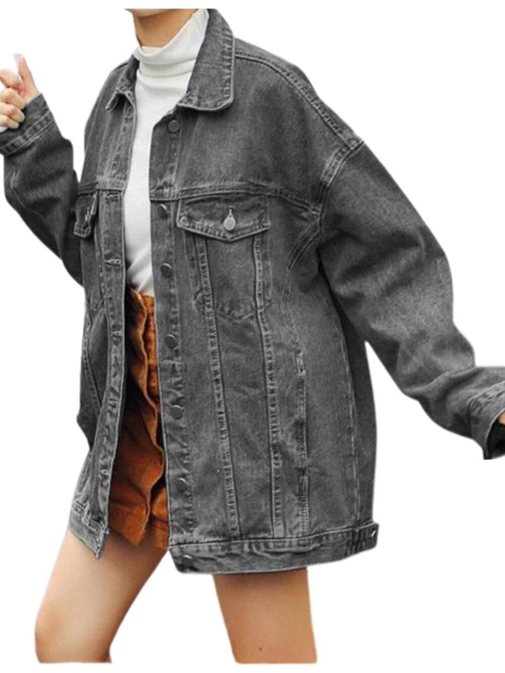 Women's Grey Casual Loose Oversized Denim Jacket Long Sleeved Button Jean Jacket